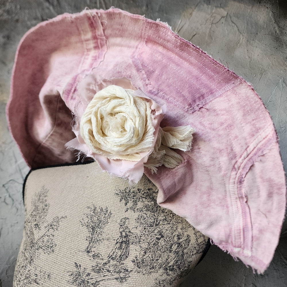 Pink Denim Designer Top Hat Ripped Patched Cottage Of-White Rose Flower